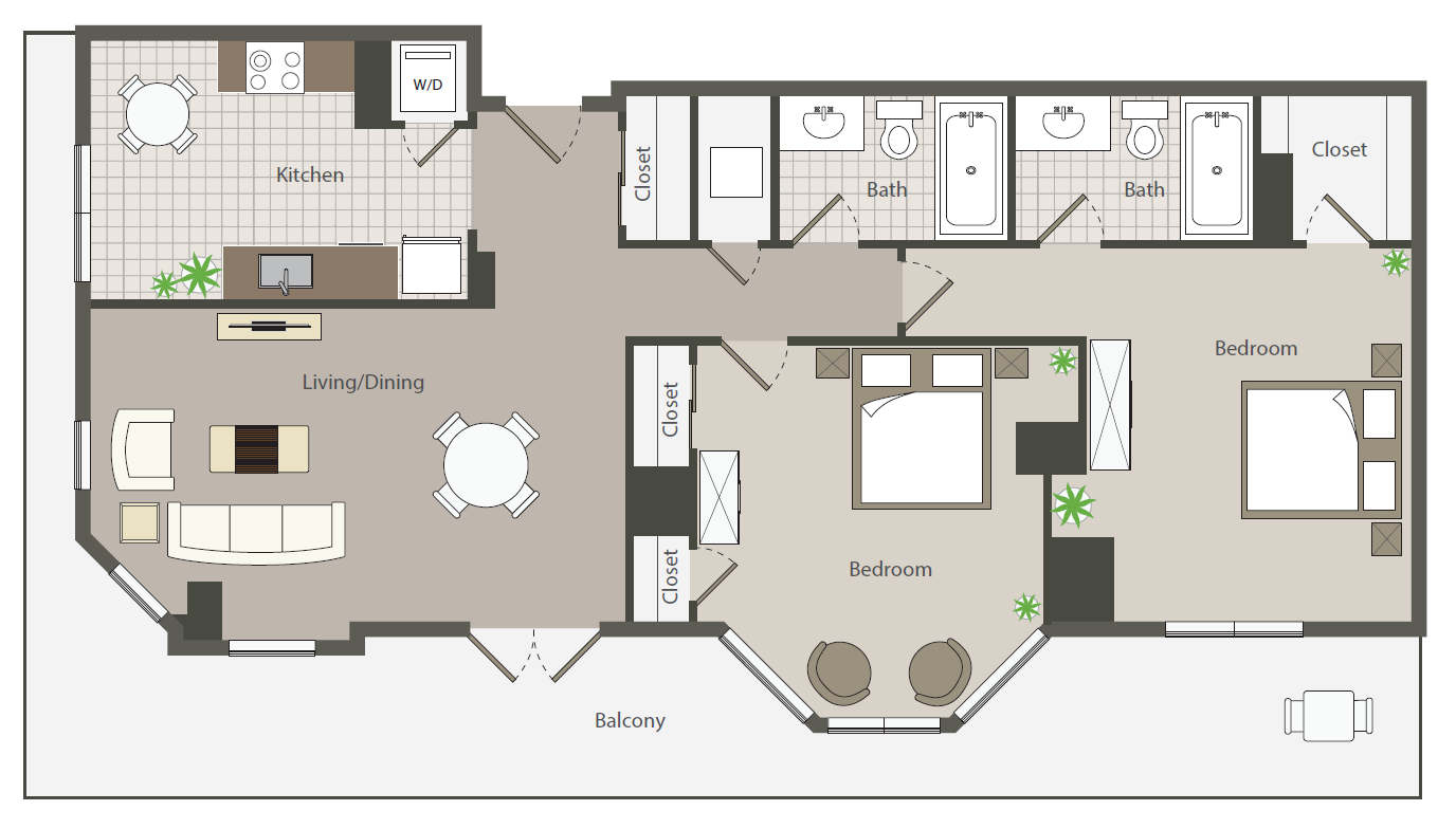 Floor plan for 2 beds, 2 baths, 1039 sqft